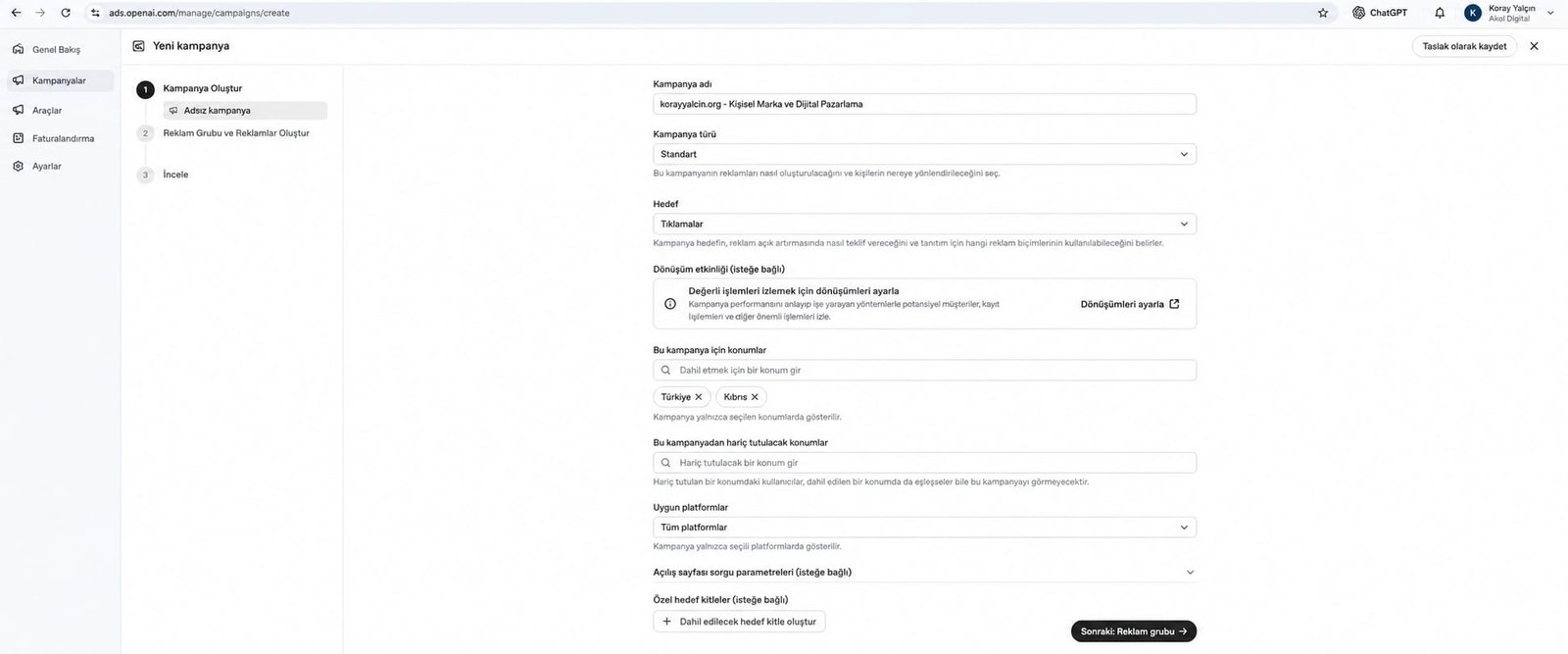 OpenAI Ads Yeni Kampanya Oluşturma Ekranı