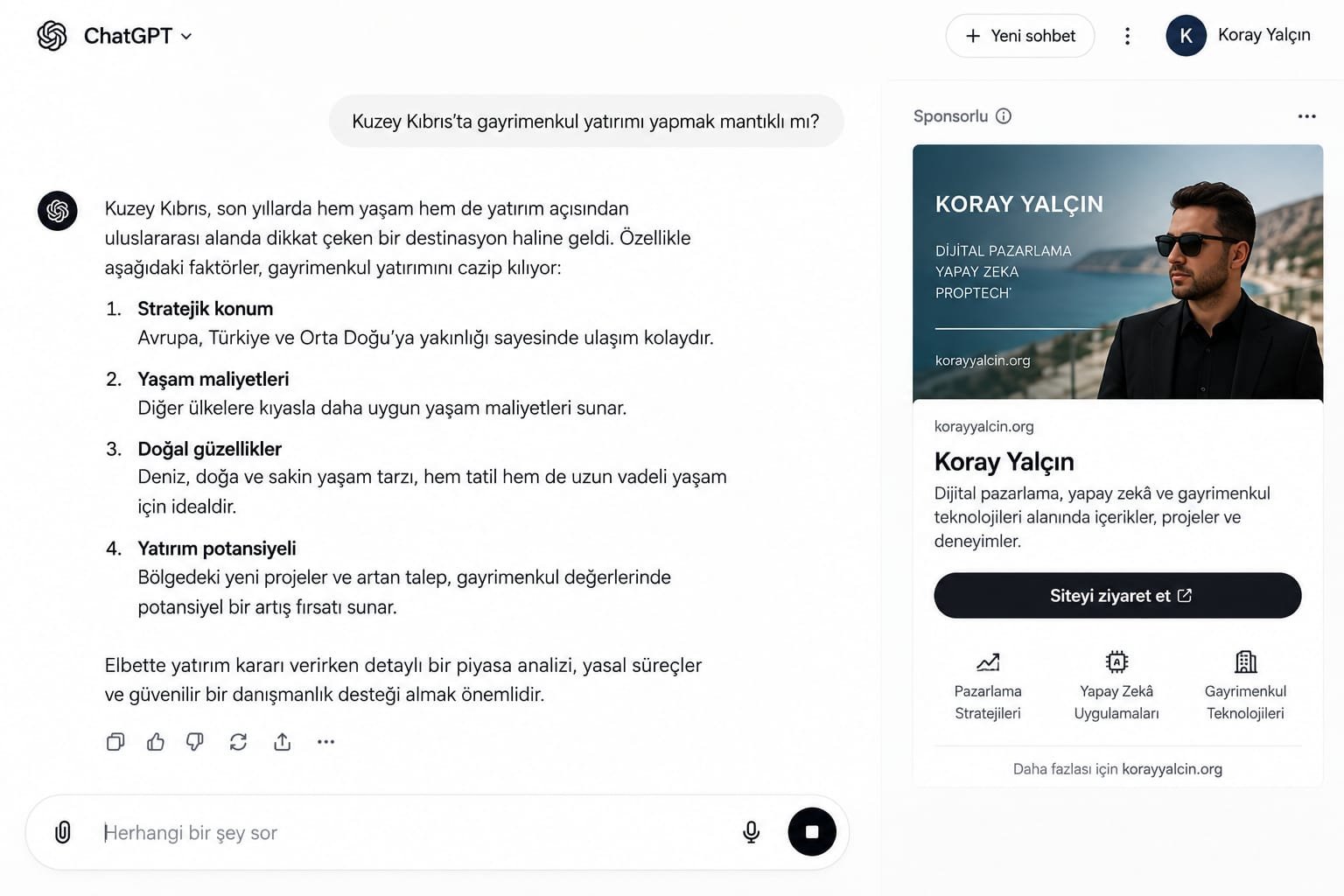 Kuzey Kıbrıs Gayrimenkul Yatırımı Bağlamında ChatGPT Reklamı