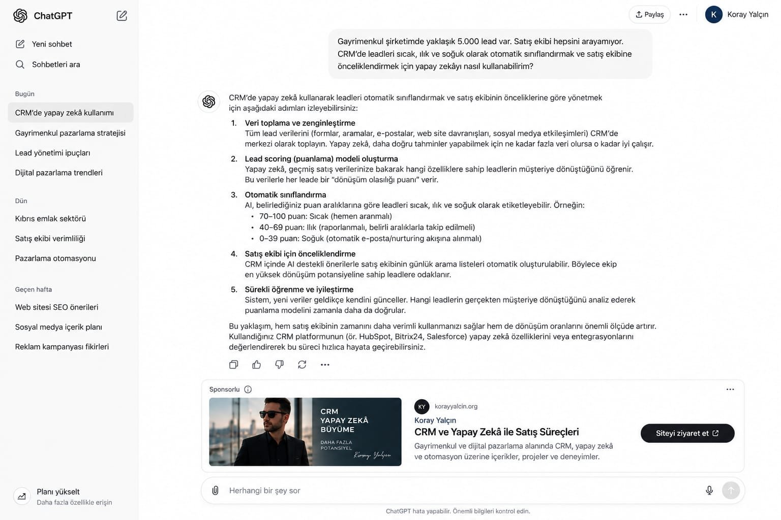 CRM ve Yapay Zeka ile Lead Scoring ChatGPT Reklamı