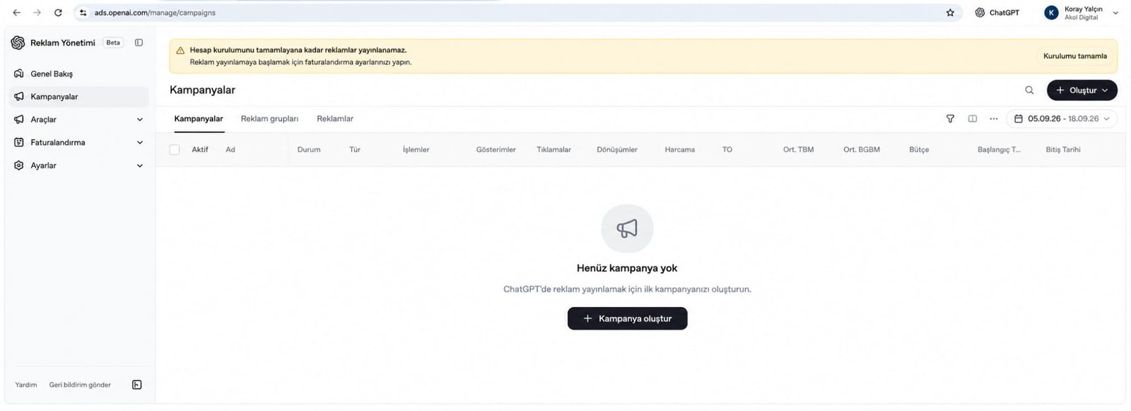 OpenAI Ads Yönetim Paneli Başlangıç Ekranı