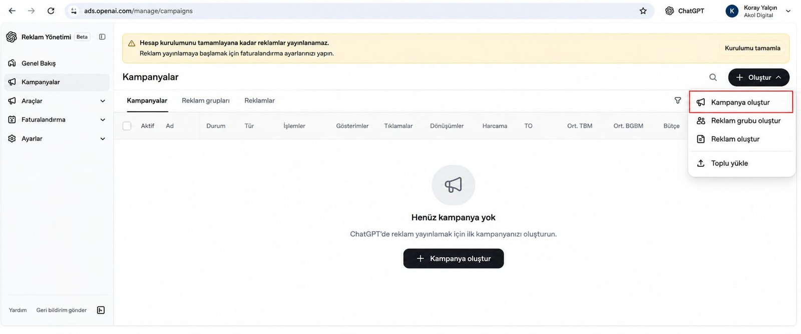 OpenAI Ads Oluştur Menüsü Seçenekleri